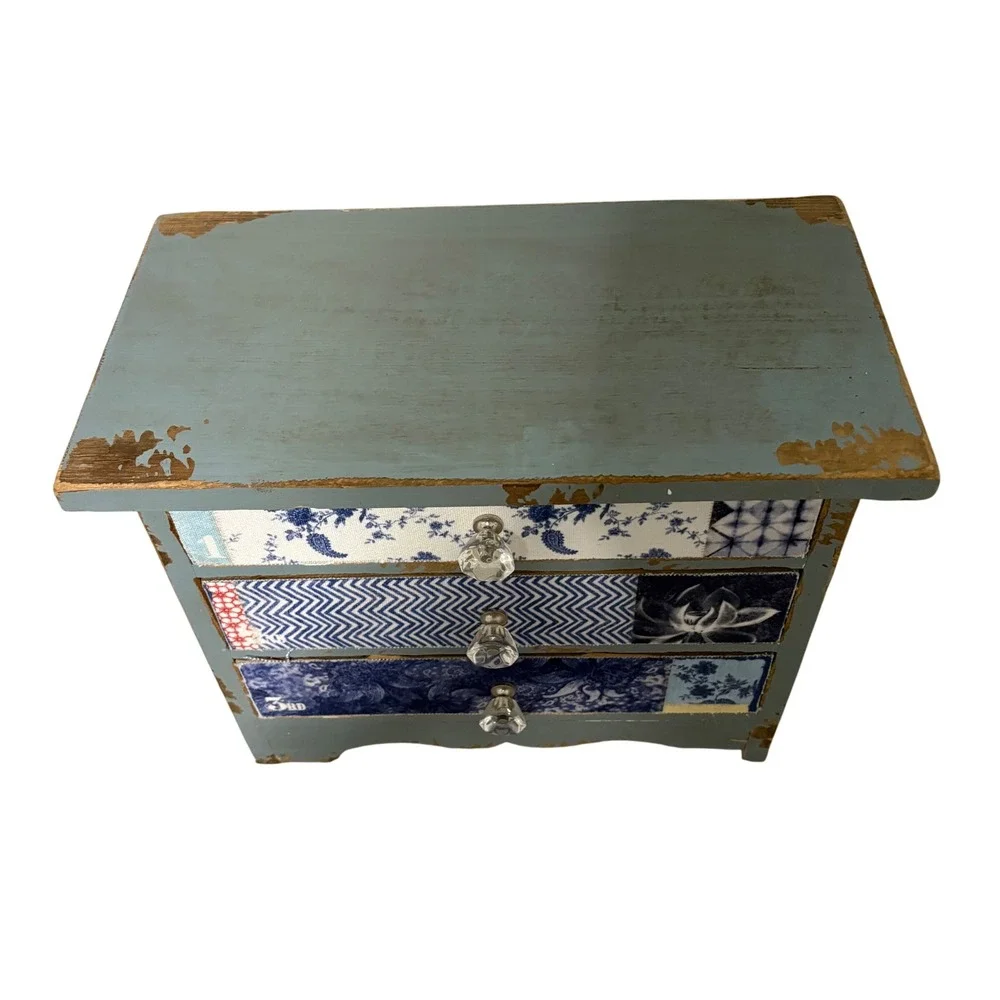 Shabby Chic Blue Distressed Mini Chest 3 Drawers Patchwork Fabric Jewelry Box